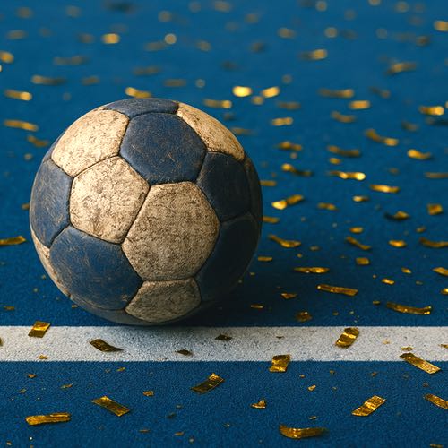 Handboll pa plan med guldfargad konfetti
